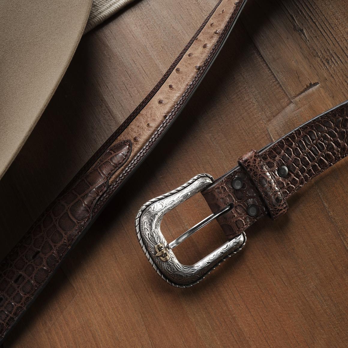 Ostrich Print Croco Embossed Western Tabs Belt Cognac/california Nut Men Stetson Belts