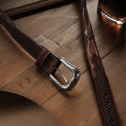 Pebble Leather Basket Weave Tabs Belt Natural/brown Men Stetson Belts