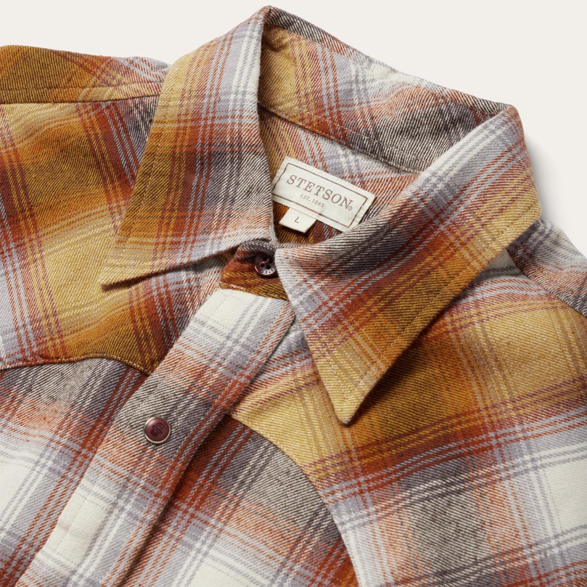 Rust Plaid Flannel Western Shirt Brown Men Stetson Classic Cut