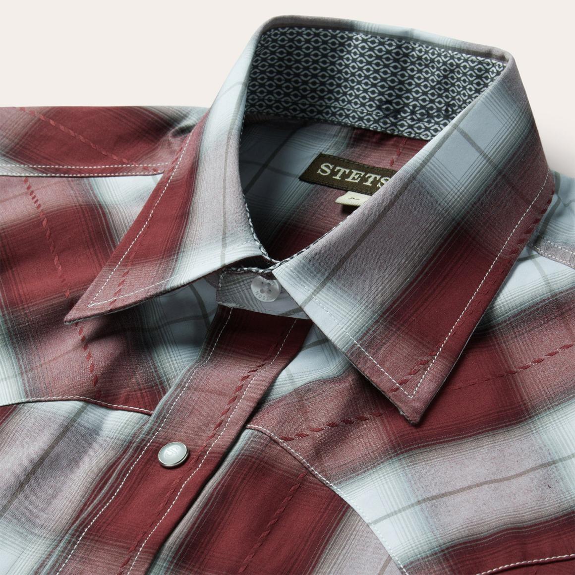 Shadow Plaid Short Sleeve Western Shirt Wine Men Stetson Western Shirts