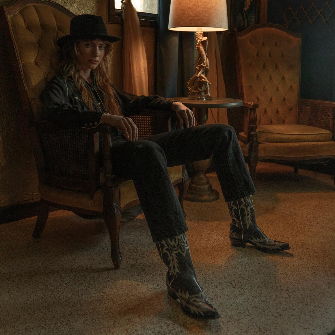 Tina Black & White Flame Embroidered Cowboy Boot Black Women Stetson Western
