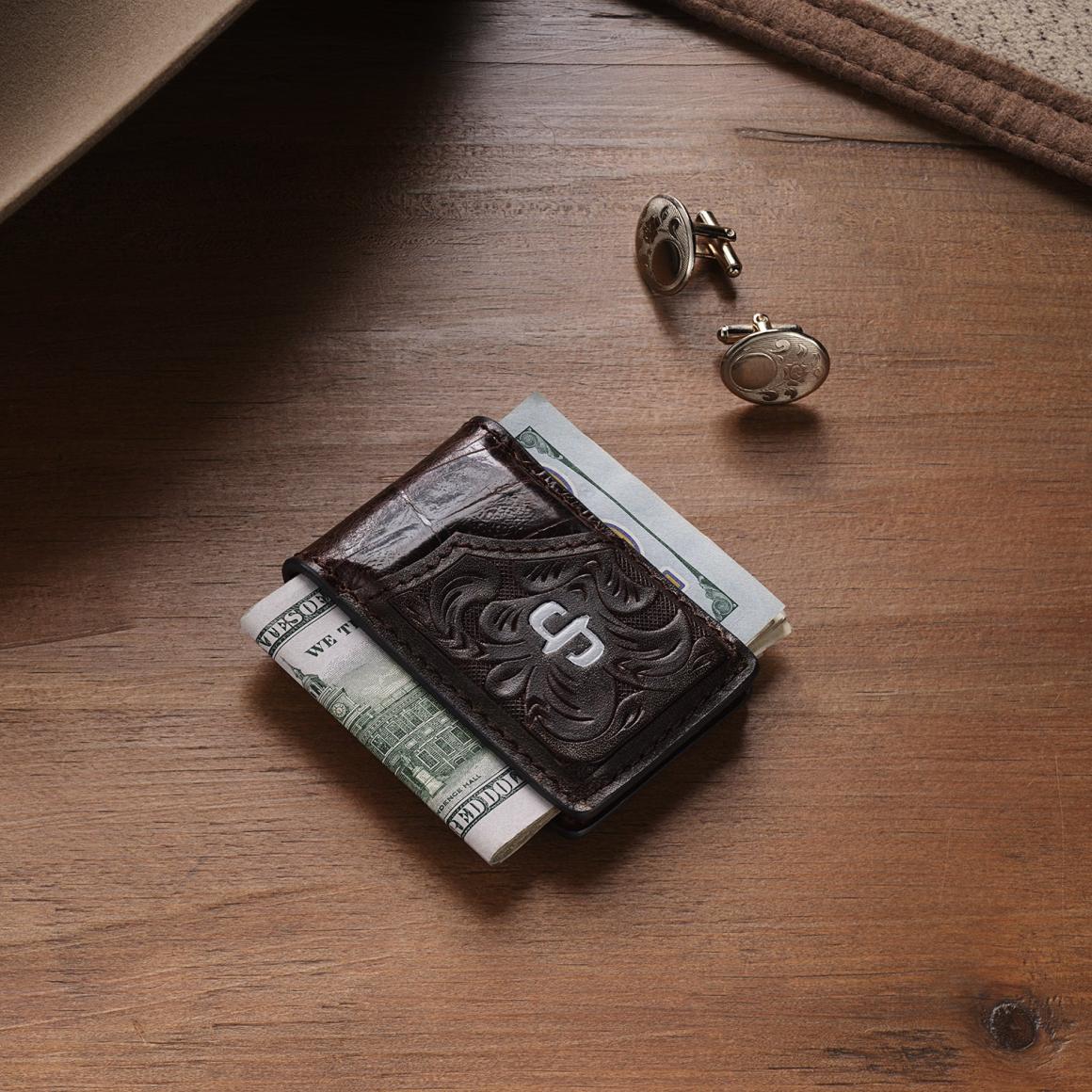 Tooled Embossed Croco Money Clip Brown Men Stetson Wallets