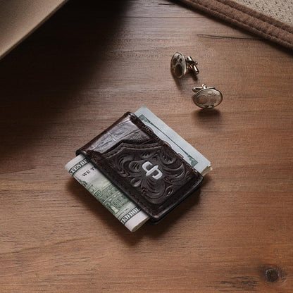 Tooled Embossed Croco Money Clip Brown Men Stetson Wallets