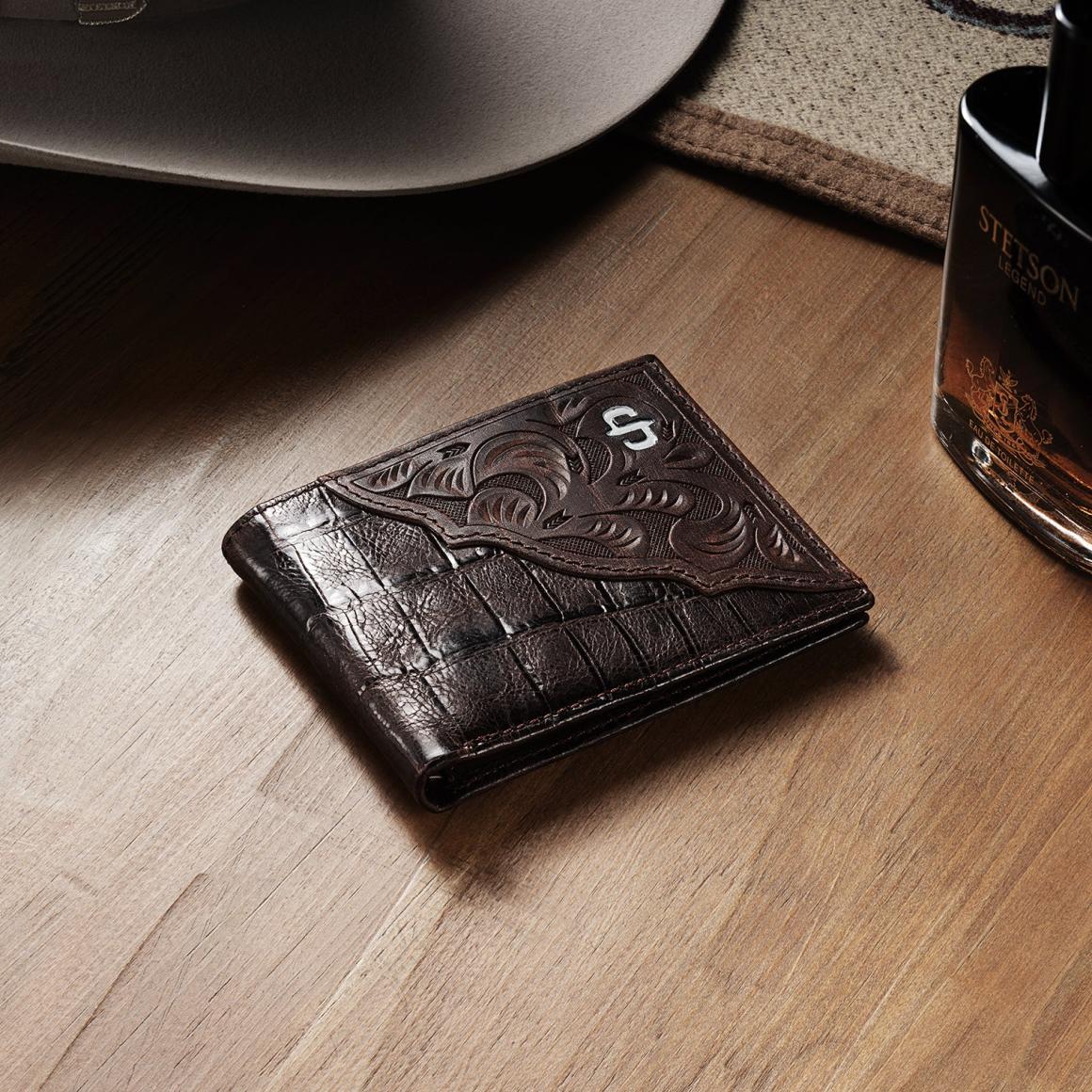 Tooled Embossed Ostrich Bi-Fold Wallet Brown Men Stetson Wallets