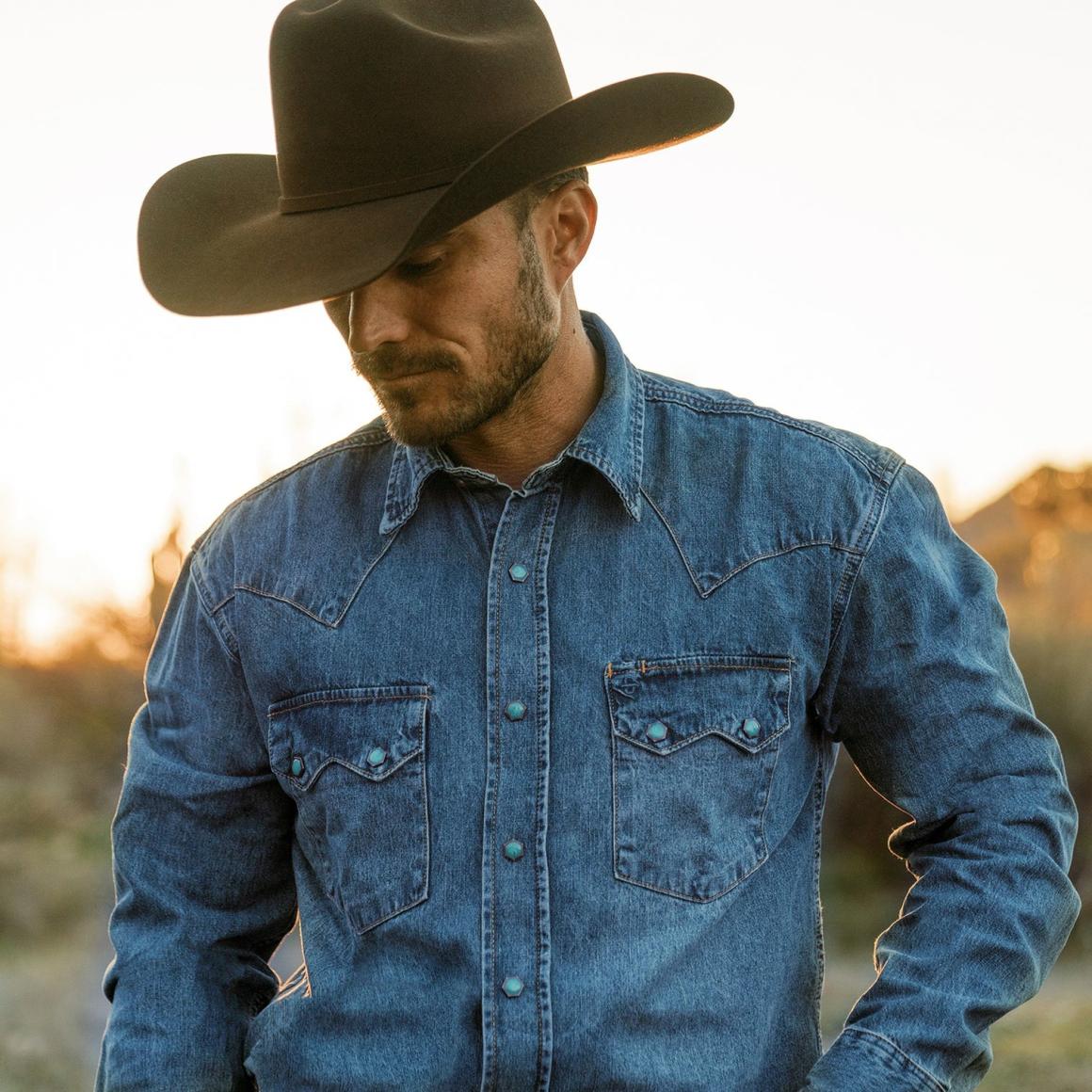 Turquoise Snap Western Denim Shirt Blue Men Stetson Denim Shirts