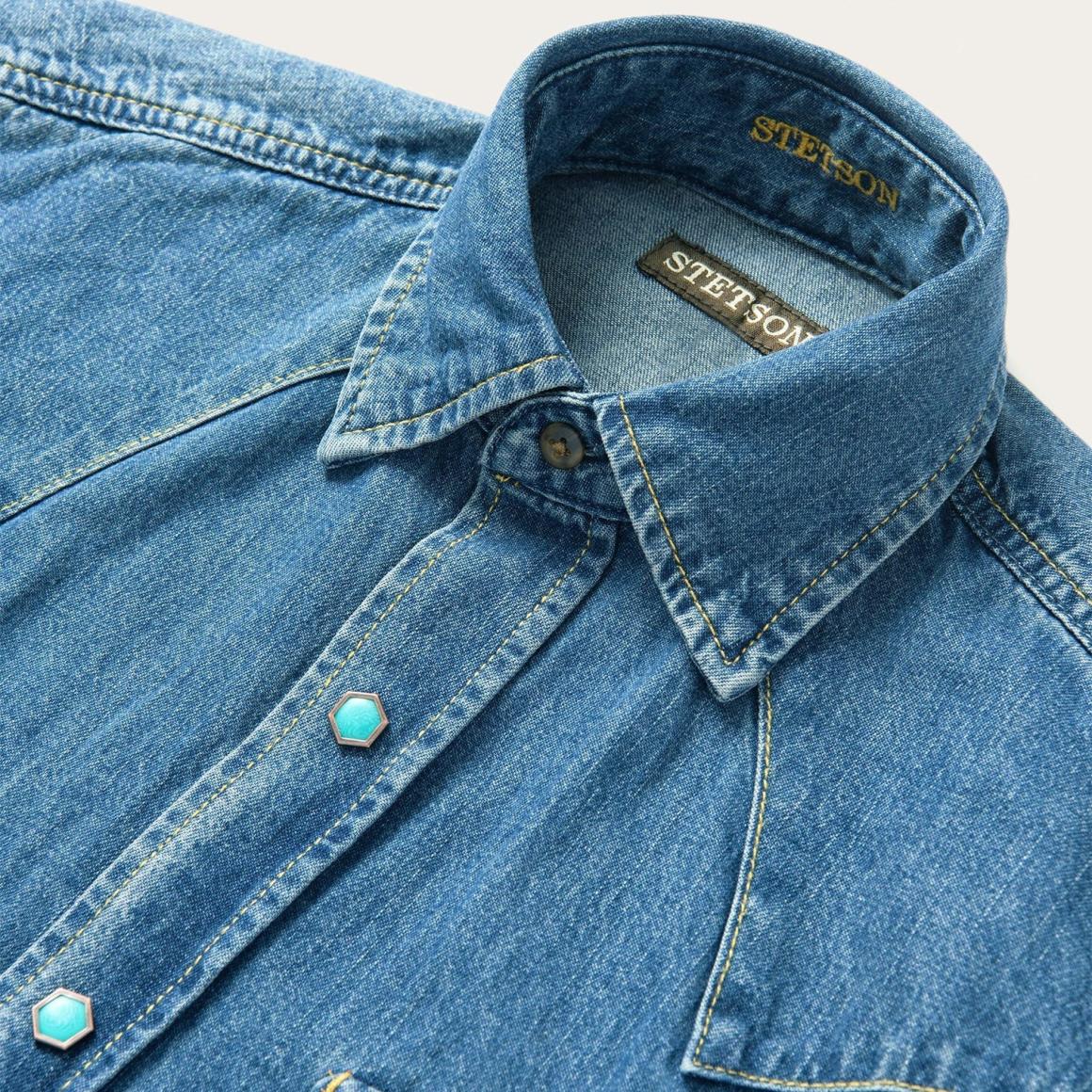 Turquoise Snap Western Denim Shirt Blue Men Stetson Denim Shirts