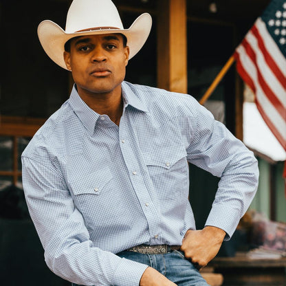 Two Stripe Check Western Shirt Blue Men Stetson Classic Cut