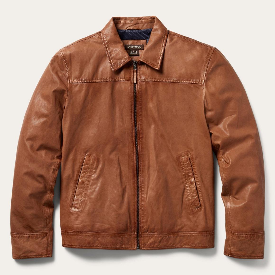 Zip-Front Lightweight Leather Jacket Brown Men Stetson Jackets